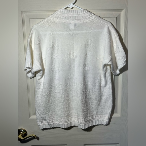 Vintage Sweater by Kenneth Too White Crochet Knit Vneck Short Sleeve Sz L USA - Picture 4 of 13